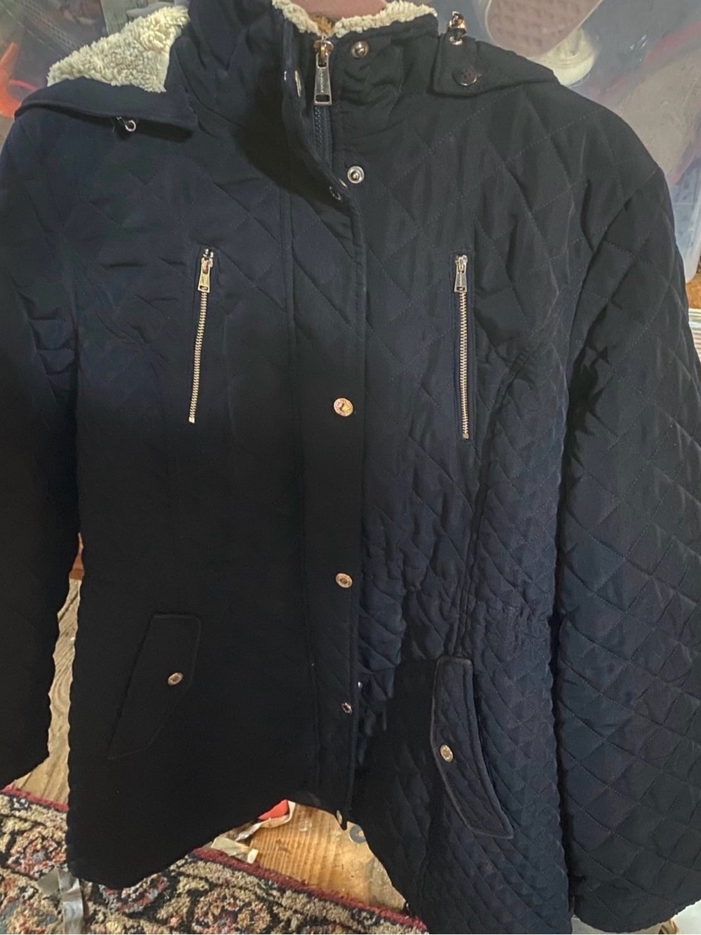 Chinese Laundry Quilted Black Puffer Jacket with Sherpa Collar
